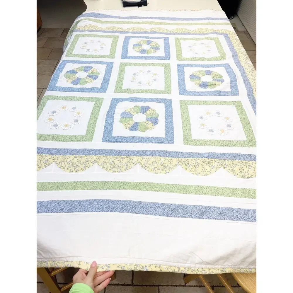 Handmade Full Size Blue Yellow Green Floral Quilt Scallop Doily Reversible